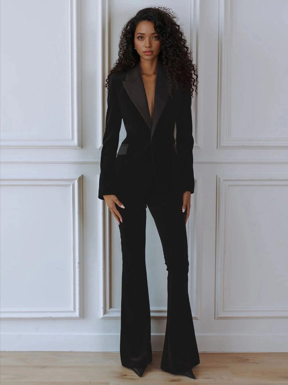 Madeleva | Women's Velvet Blazer Suit Set with Flare Pants