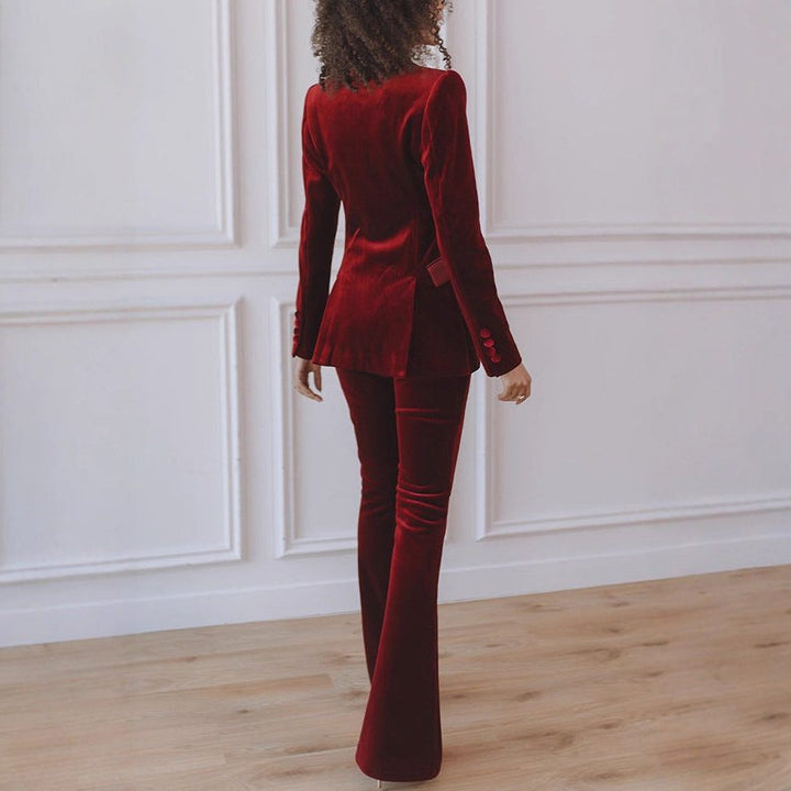 Madeleva | Women's Velvet Blazer Suit Set with Flare Pants