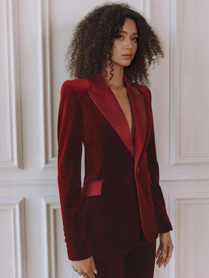 Madeleva | Women's Velvet Blazer Suit Set with Flare Pants