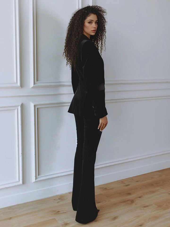 Madeleva | Women's Velvet Blazer Suit Set with Flare Pants