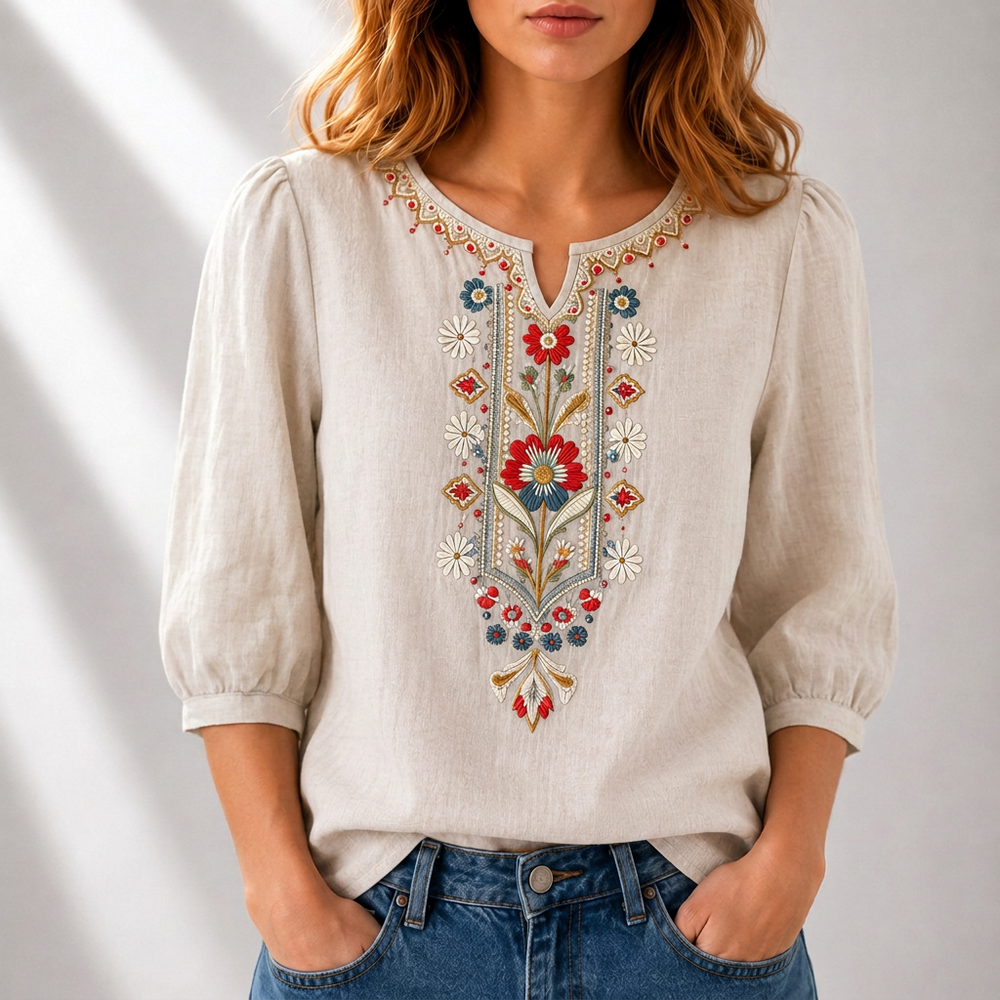 Serafine | Women's Floral Embroidered Cotton Linen Blouse