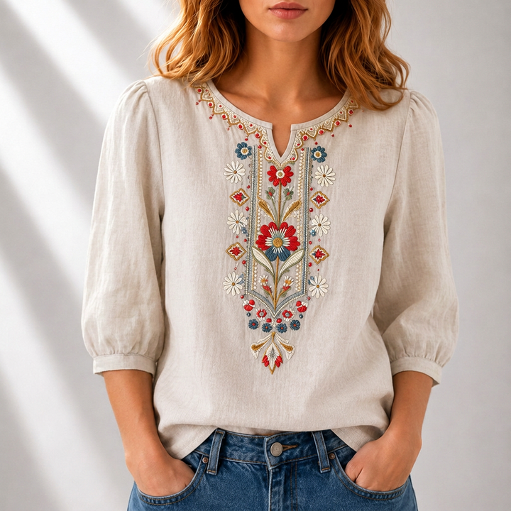 Serafine | Women's Floral Embroidered Cotton Linen Blouse