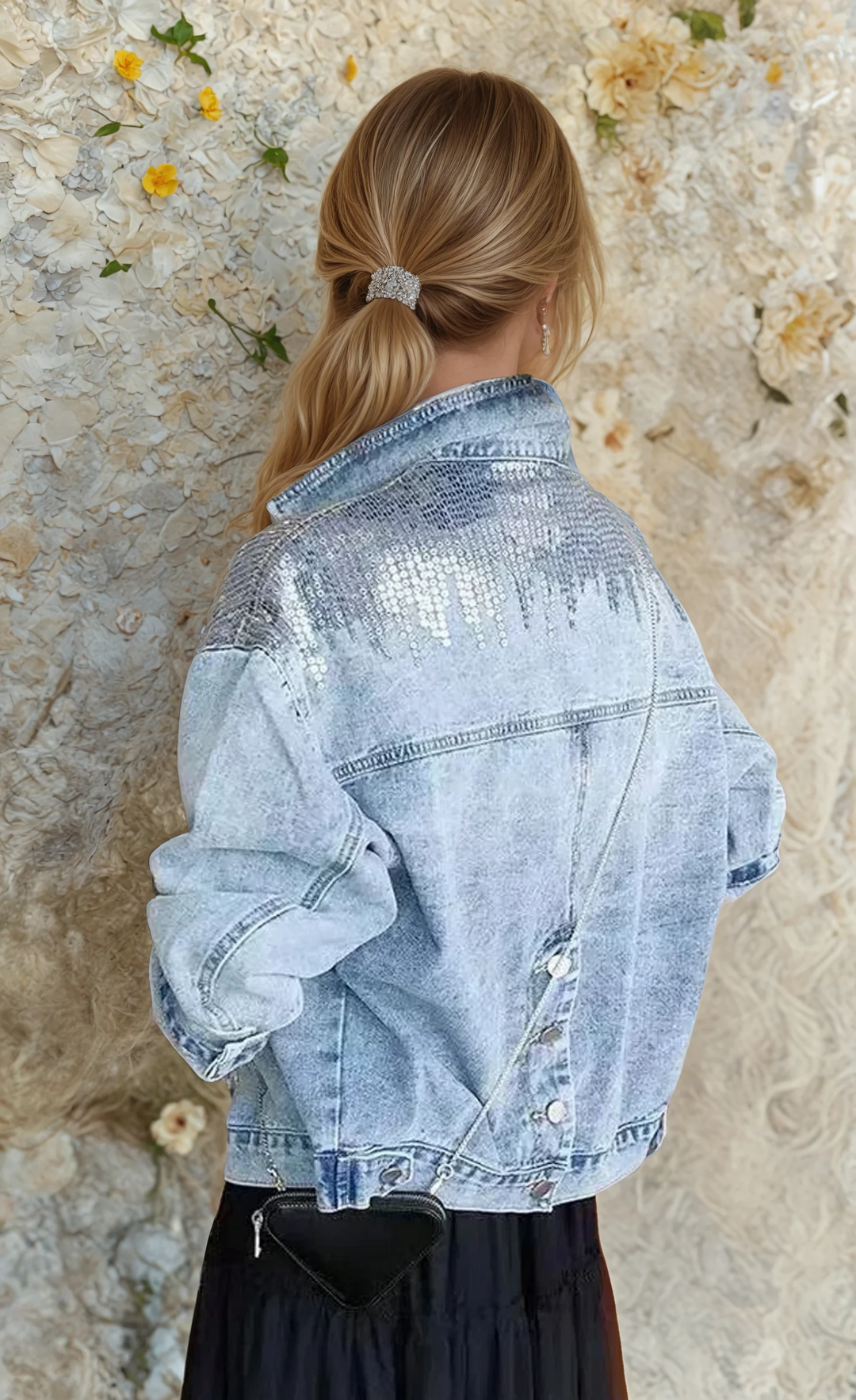Anabella | Women's Sequin Denim Jacket with Mandarin Collar