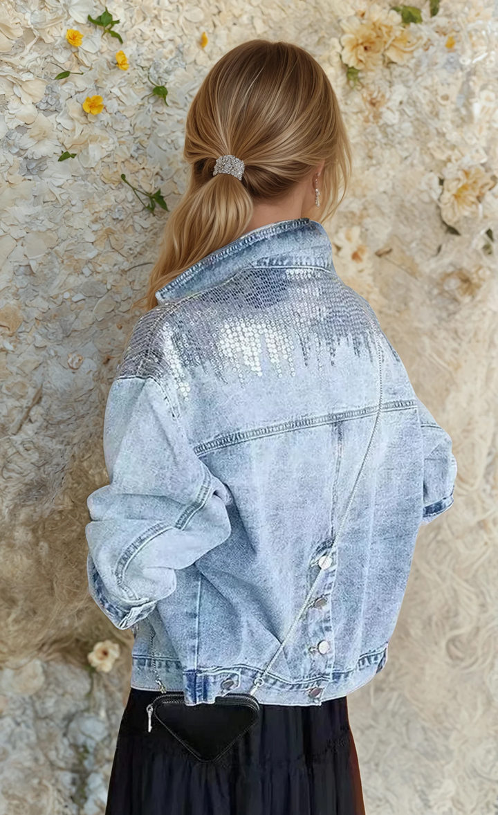 Anabella | Women's Sequin Denim Jacket with Mandarin Collar