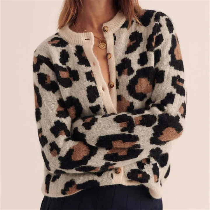 Signe | Women's Leopard Print Crew Neck Cardigan