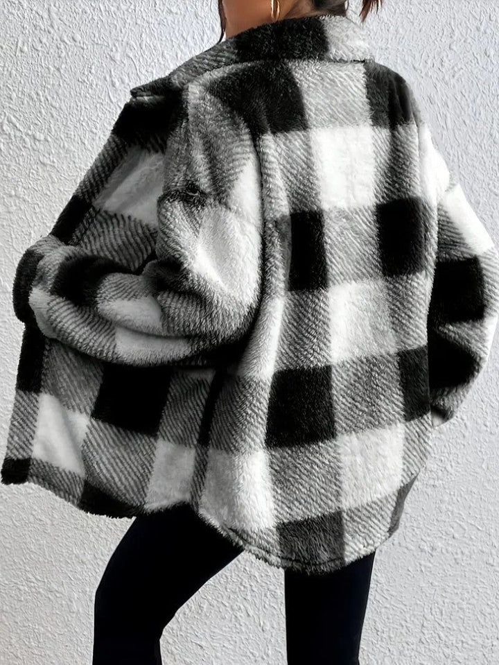 Maurelle | Women's Plaid Oversized Button-Up Fluffy Jacket