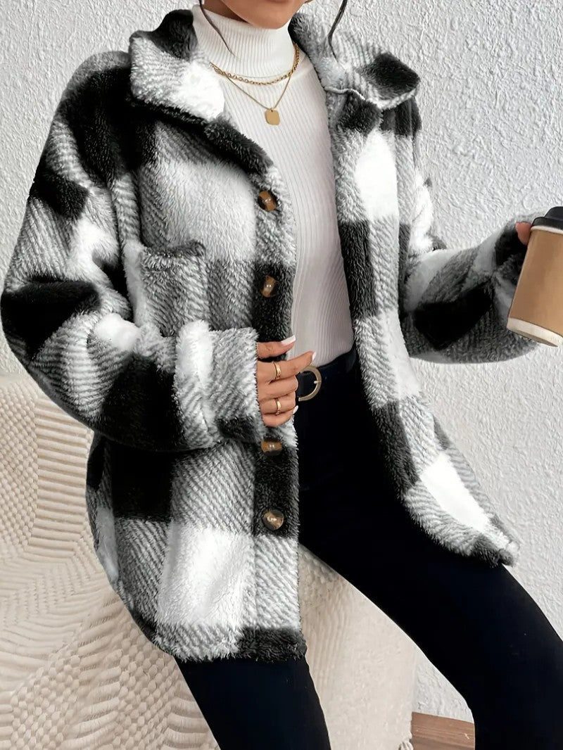 Maurelle | Women's Plaid Oversized Button-Up Fluffy Jacket