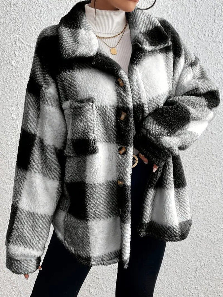 Maurelle | Women's Plaid Oversized Button-Up Fluffy Jacket