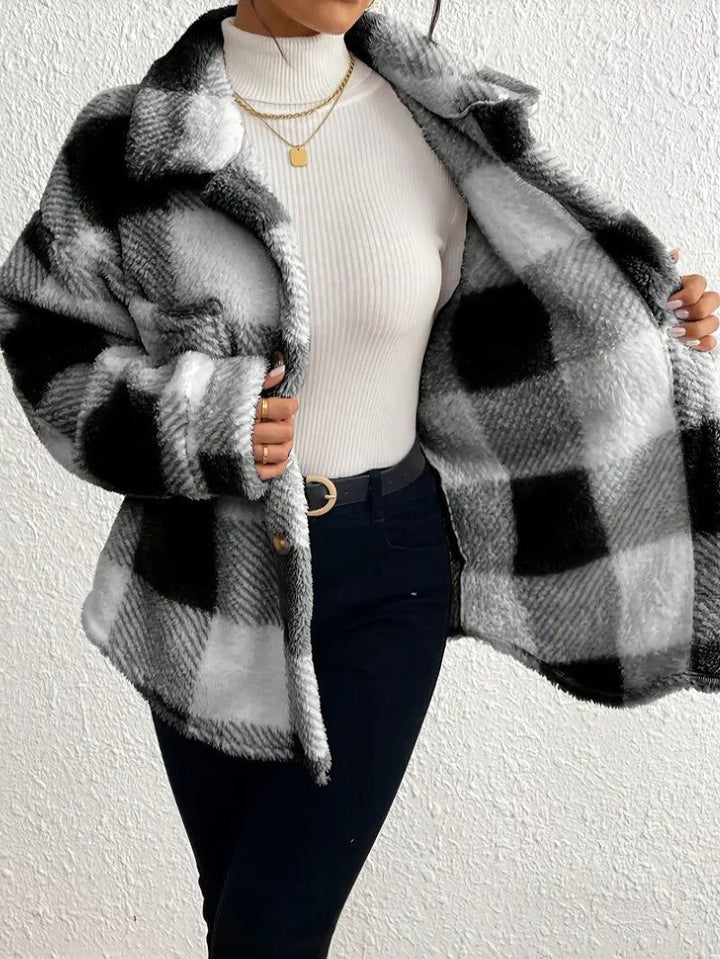 Maurelle | Women's Plaid Oversized Button-Up Fluffy Jacket