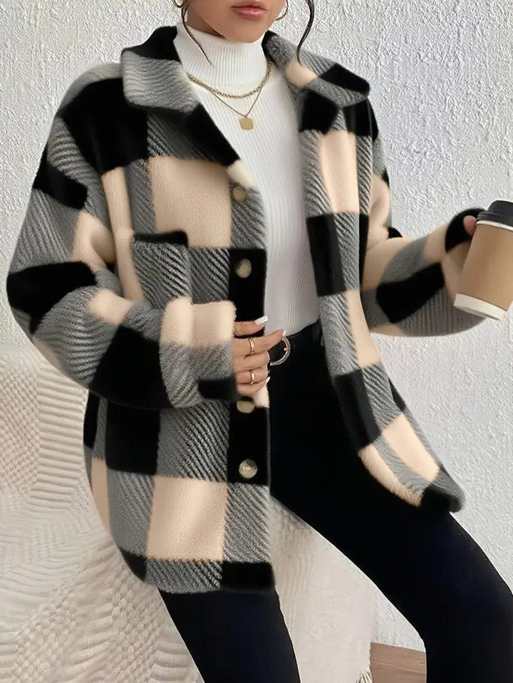 Maurelle | Women's Plaid Oversized Button-Up Fluffy Jacket