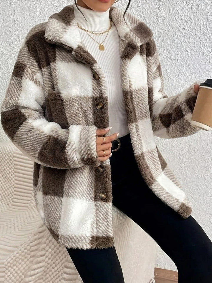 Maurelle | Women's Plaid Oversized Button-Up Fluffy Jacket