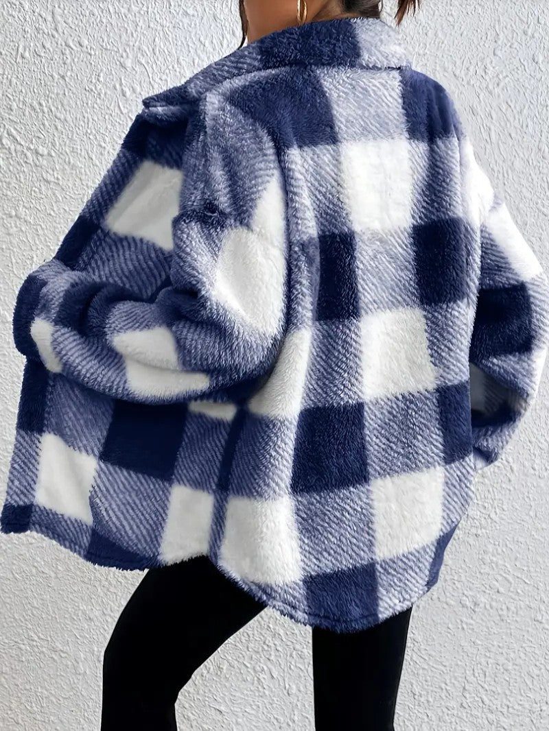 Maurelle | Women's Plaid Oversized Button-Up Fluffy Jacket