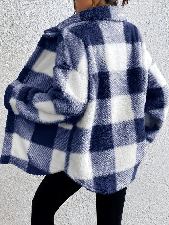 Maurelle | Women's Plaid Oversized Button-Up Fluffy Jacket