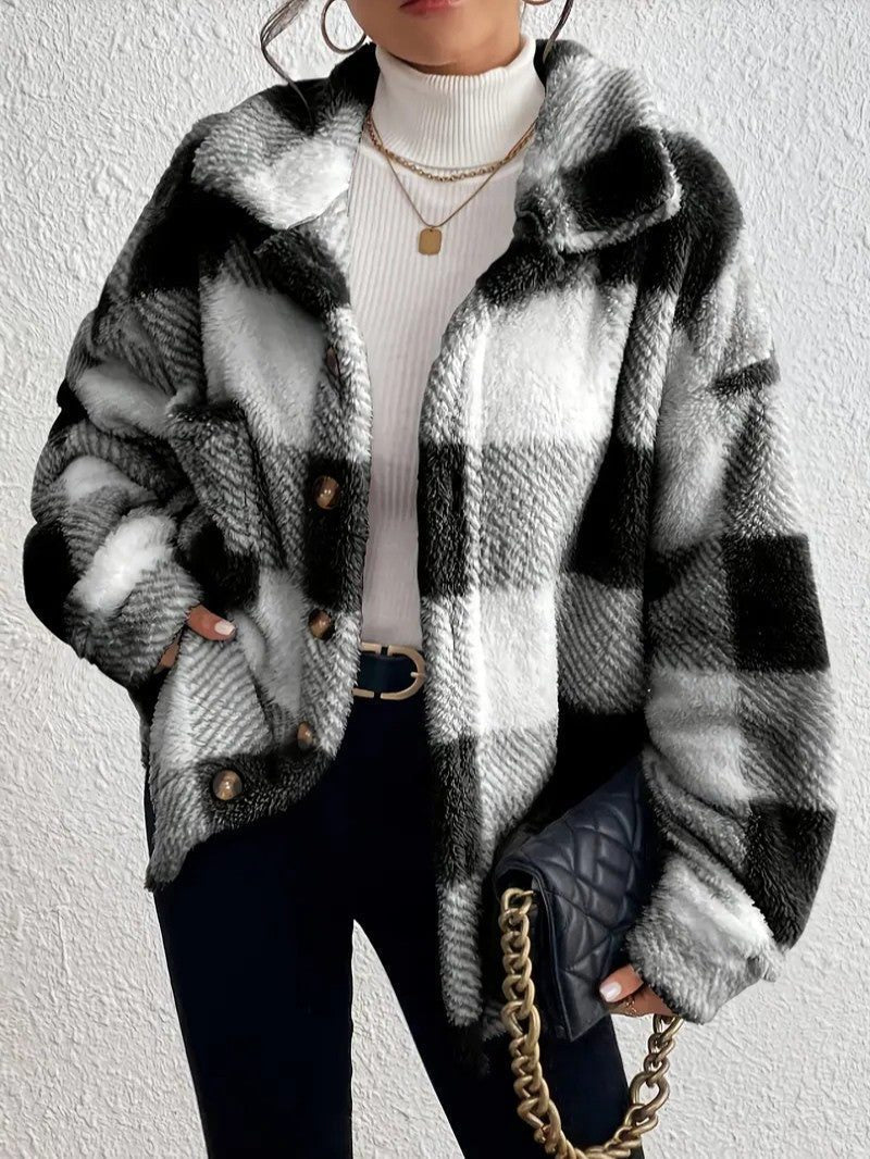 Maurelle | Women's Plaid Oversized Button-Up Fluffy Jacket