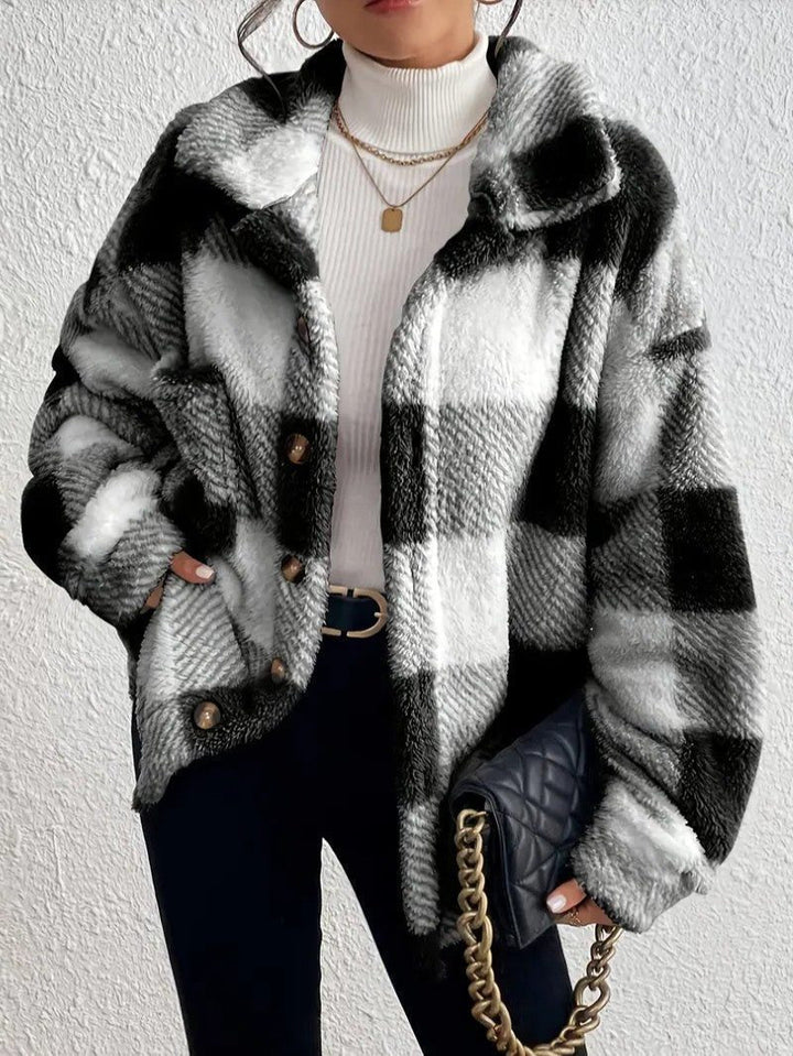 Maurelle | Women's Plaid Oversized Button-Up Fluffy Jacket
