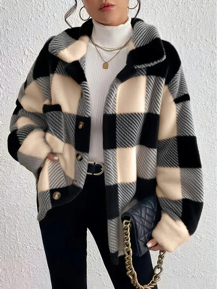 Maurelle | Women's Plaid Oversized Button-Up Fluffy Jacket