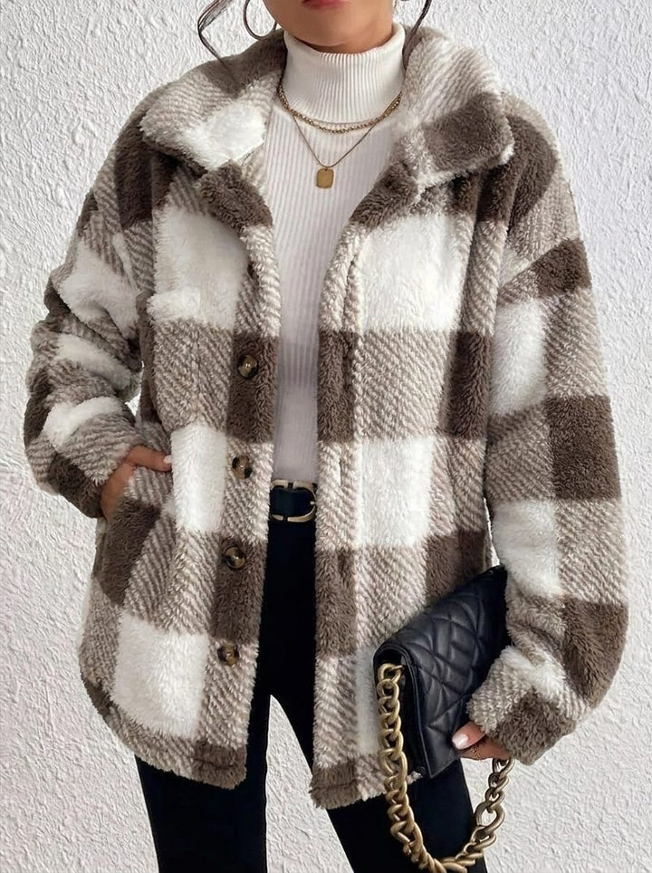 Maurelle | Women's Plaid Oversized Button-Up Fluffy Jacket