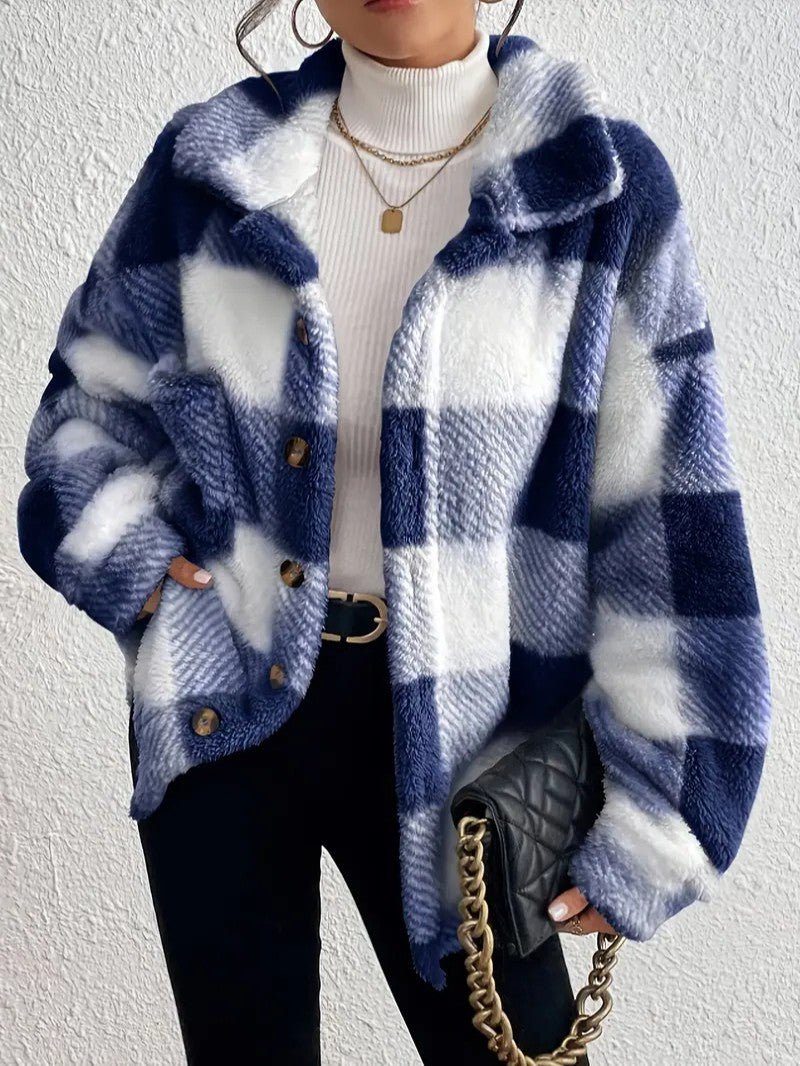 Maurelle | Women's Plaid Oversized Button-Up Fluffy Jacket