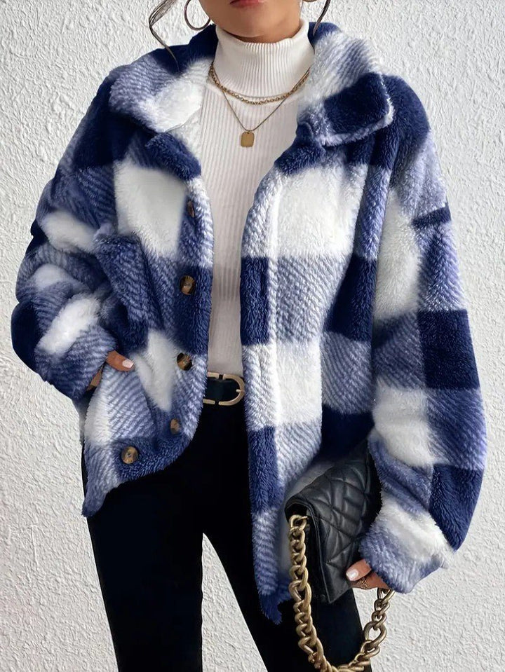 Maurelle | Women's Plaid Oversized Button-Up Fluffy Jacket