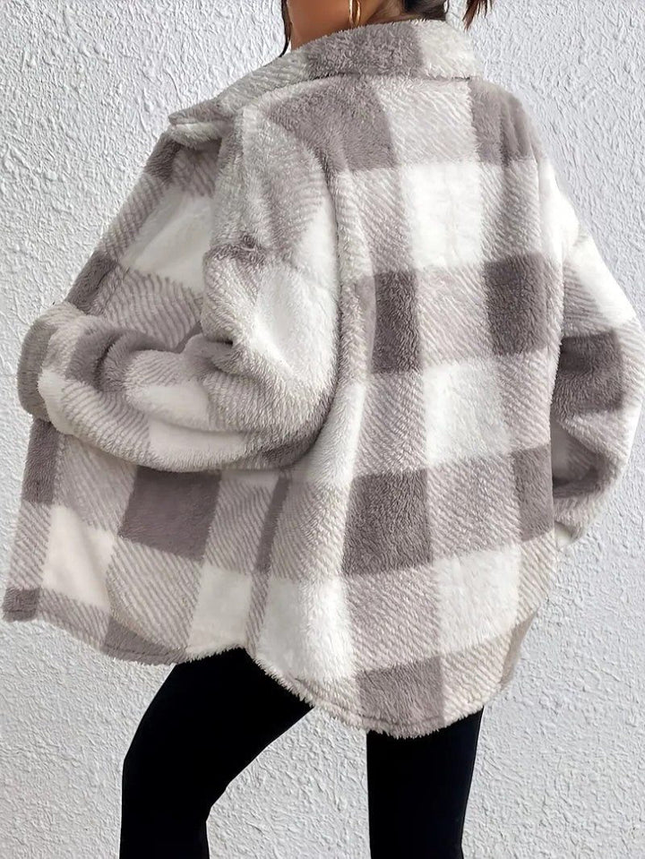 Maurelle | Women's Plaid Oversized Button-Up Fluffy Jacket