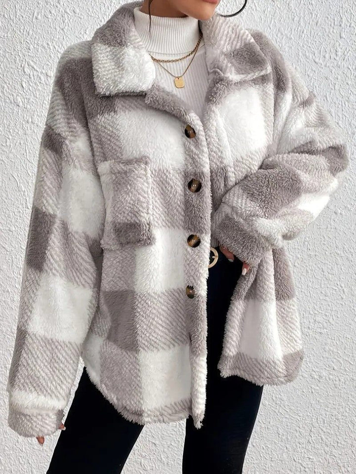 Maurelle | Women's Plaid Oversized Button-Up Fluffy Jacket