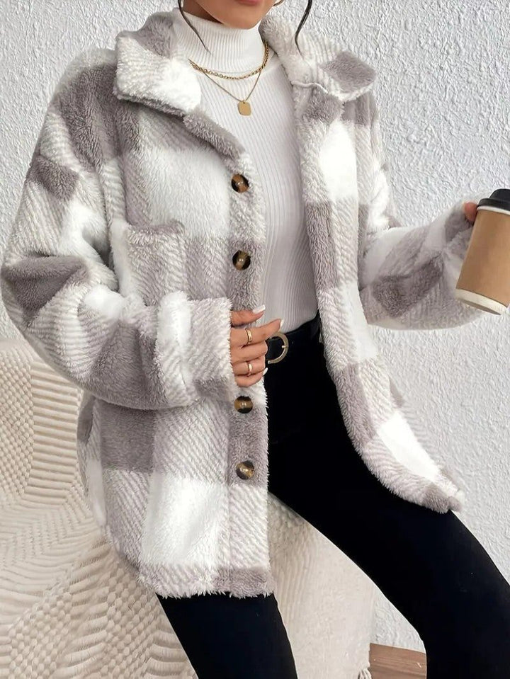 Maurelle | Women's Plaid Oversized Button-Up Fluffy Jacket