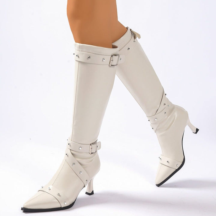 Tryphena | Women's Studded Knee-High Heeled Boots with Pointed Toe