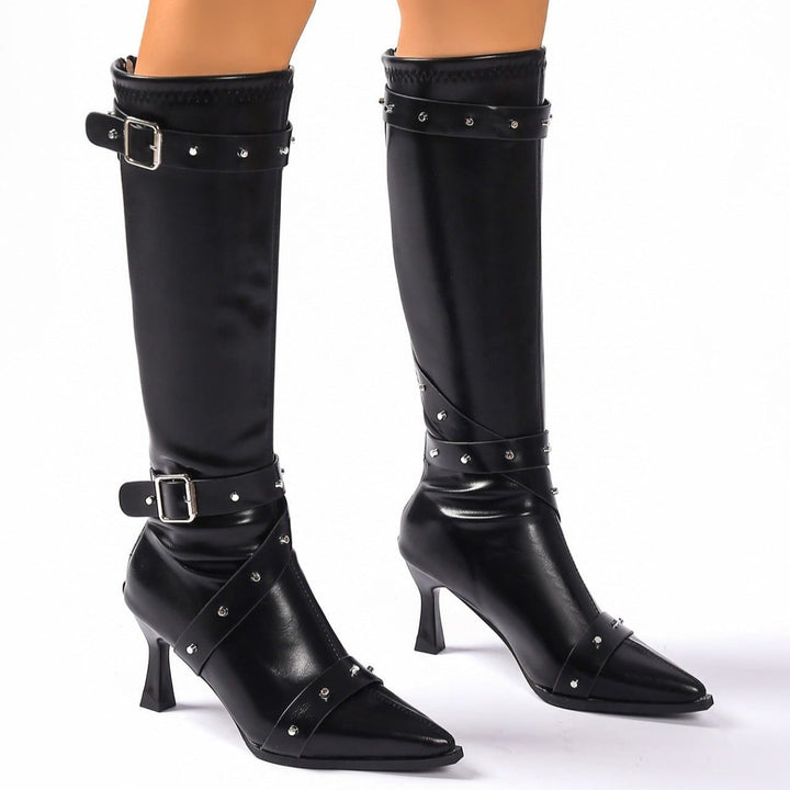 Tryphena | Women's Studded Knee-High Heeled Boots with Pointed Toe