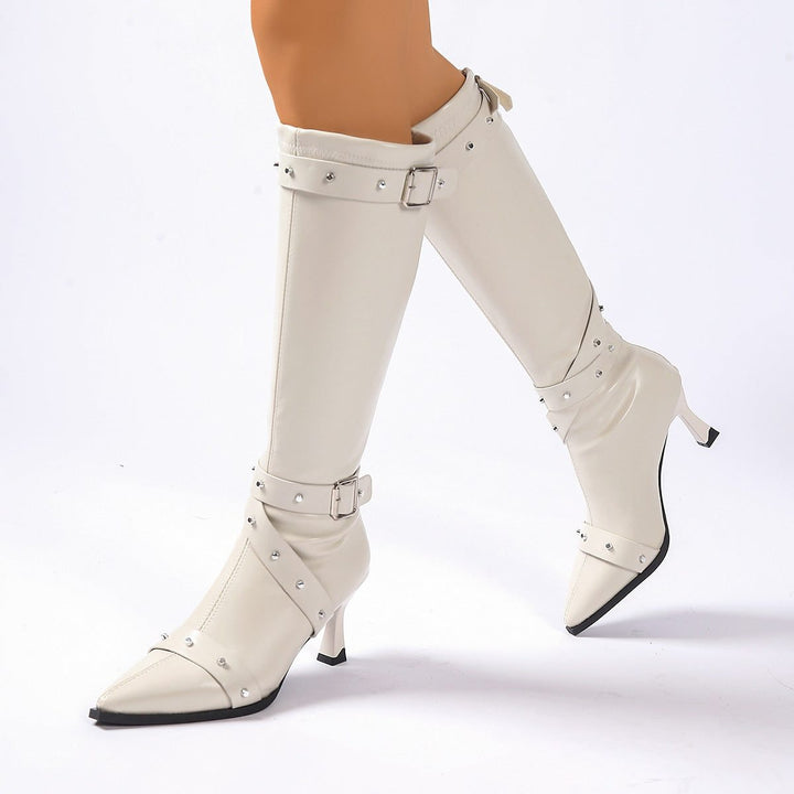 Tryphena | Women's Studded Knee-High Heeled Boots with Pointed Toe