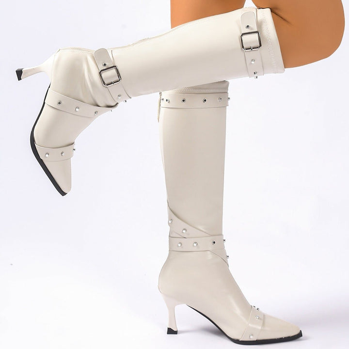 Tryphena | Women's Studded Knee-High Heeled Boots with Pointed Toe