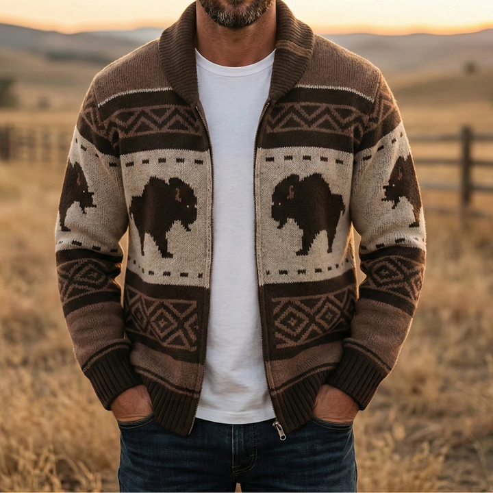 Floris Bison Jacquard Shawl Collar Zip Cardigan - image 1