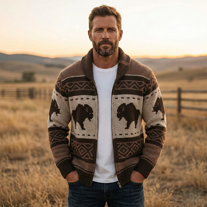 Floris Bison Jacquard Shawl Collar Zip Cardigan - image 3