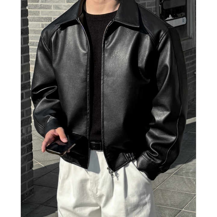 Kasper Leather-Look Bomber Jacket with Pointed Collar - image 1