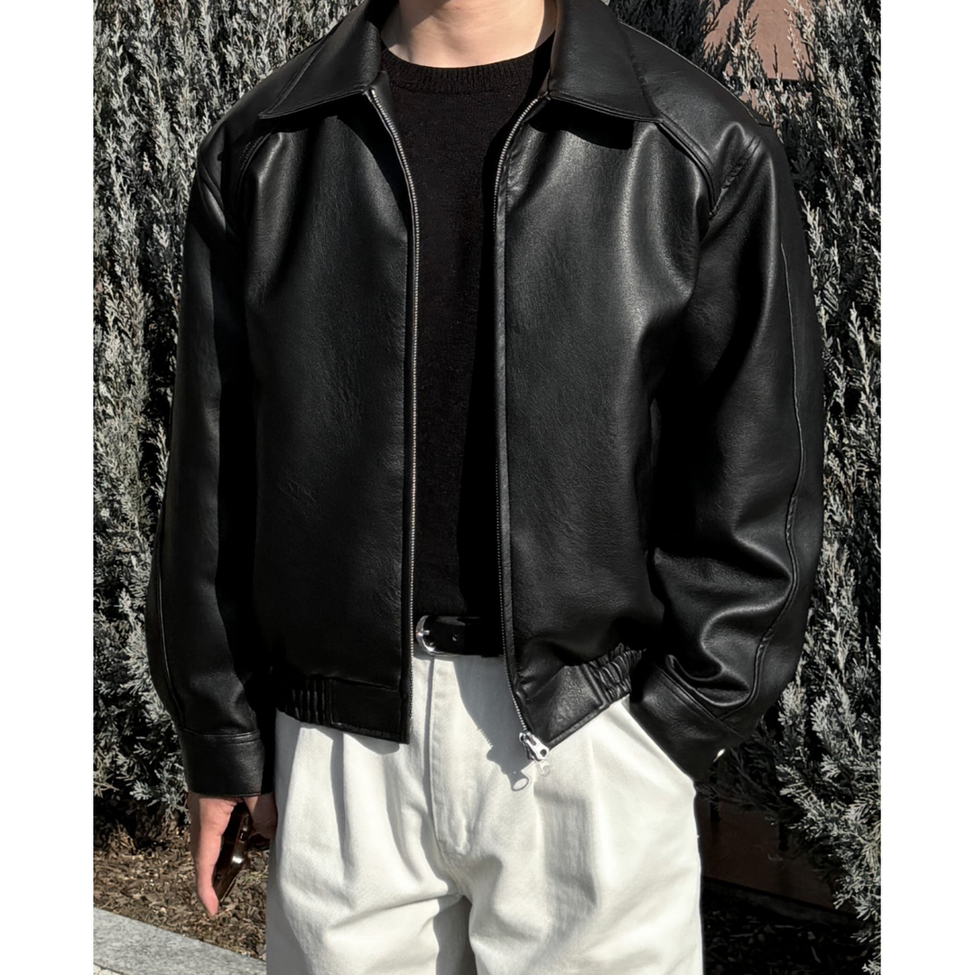Kasper Leather-Look Bomber Jacket with Pointed Collar - image 2