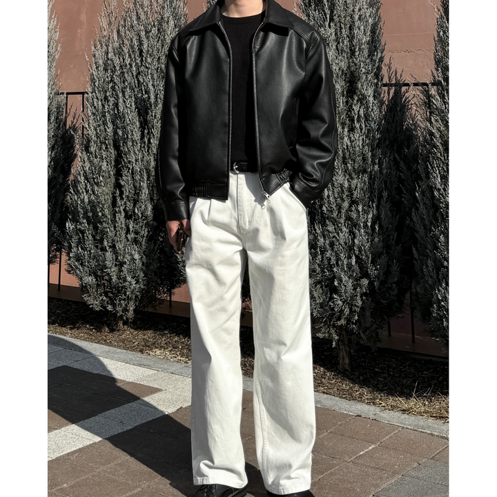 Kasper Leather-Look Bomber Jacket with Pointed Collar - image 3