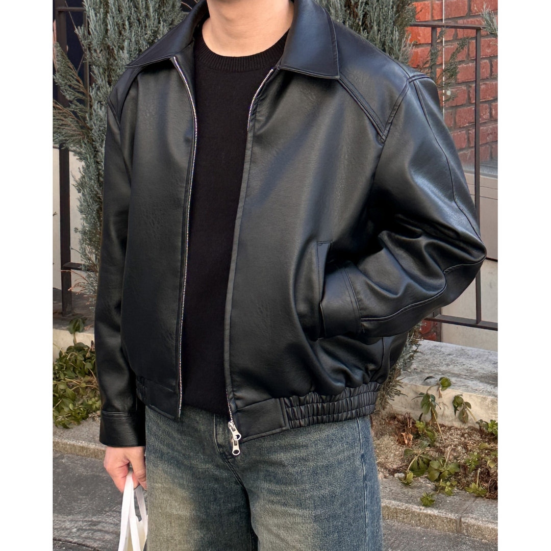 Kasper Leather-Look Bomber Jacket with Pointed Collar - image 4