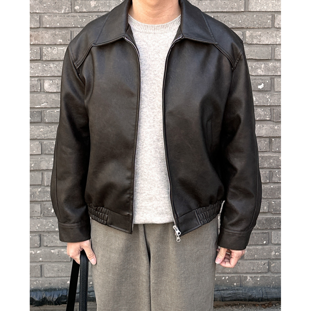 Kasper Leather-Look Bomber Jacket with Pointed Collar - image 5