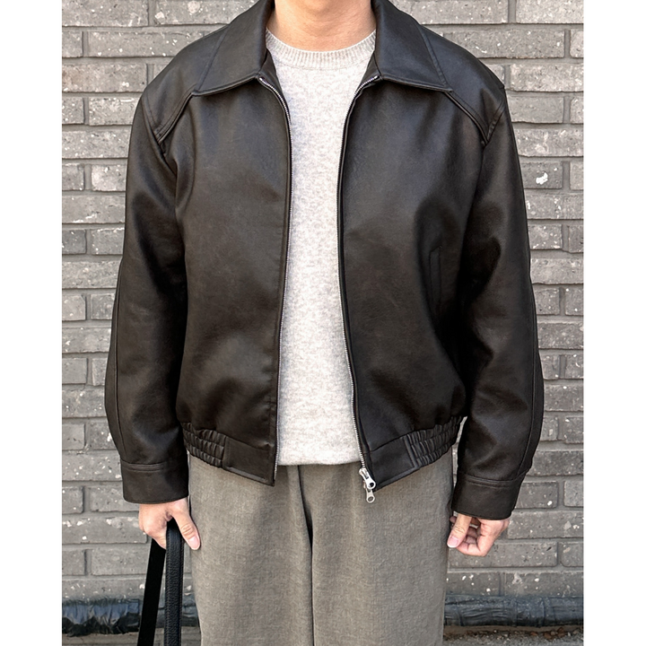 Kasper Leather-Look Bomber Jacket with Pointed Collar - image 5