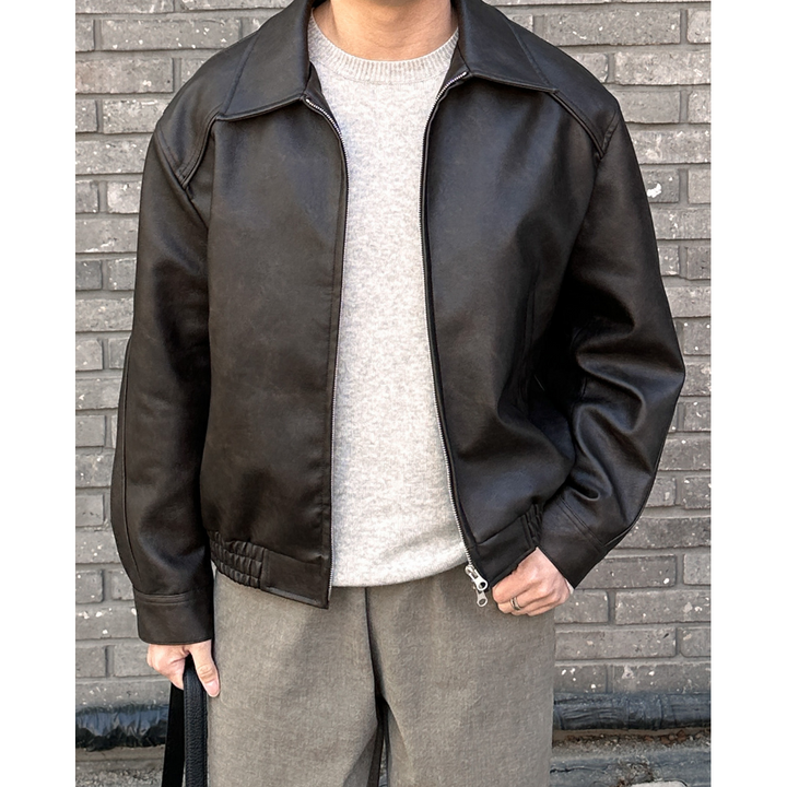 Kasper Leather-Look Bomber Jacket with Pointed Collar - image 7