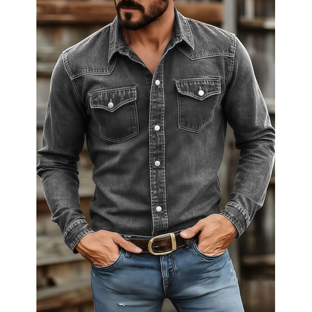 Krijn Washed Denim Western Shirt with Snap Pockets - image 2
