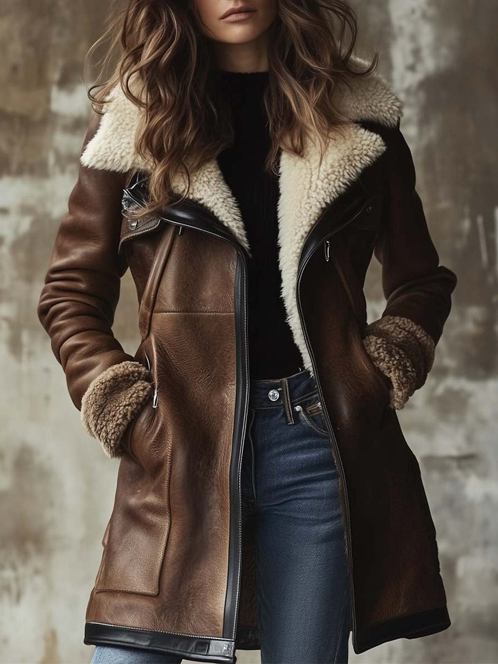 Mertice | Women's Long Leather-Look Coat with Faux Fur Collar