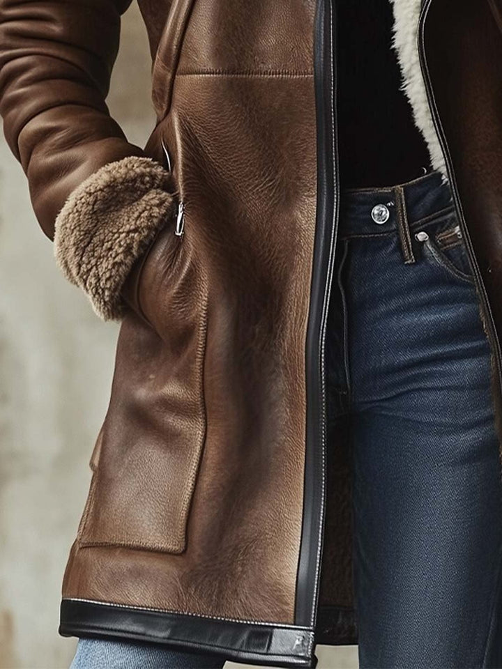Mertice | Women's Long Leather-Look Coat with Faux Fur Collar