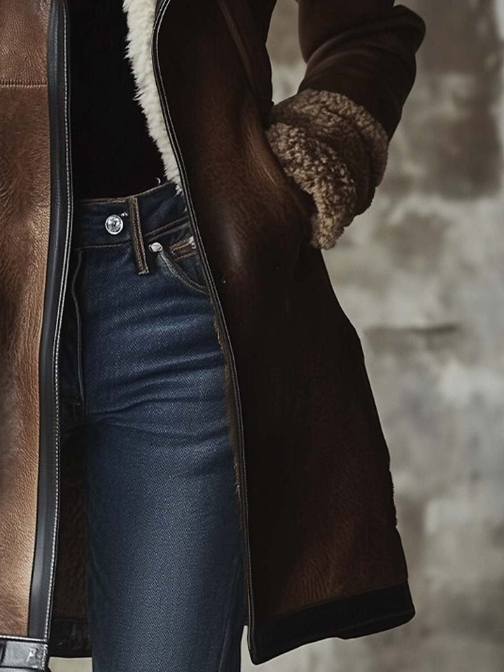 Mertice | Women's Long Leather-Look Coat with Faux Fur Collar