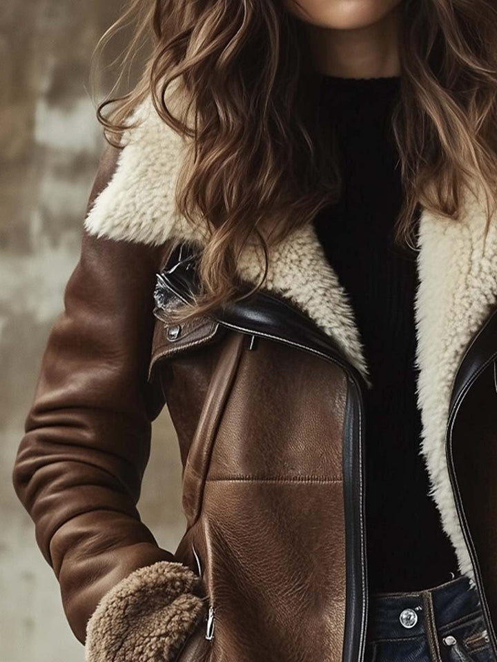Mertice | Women's Long Leather-Look Coat with Faux Fur Collar