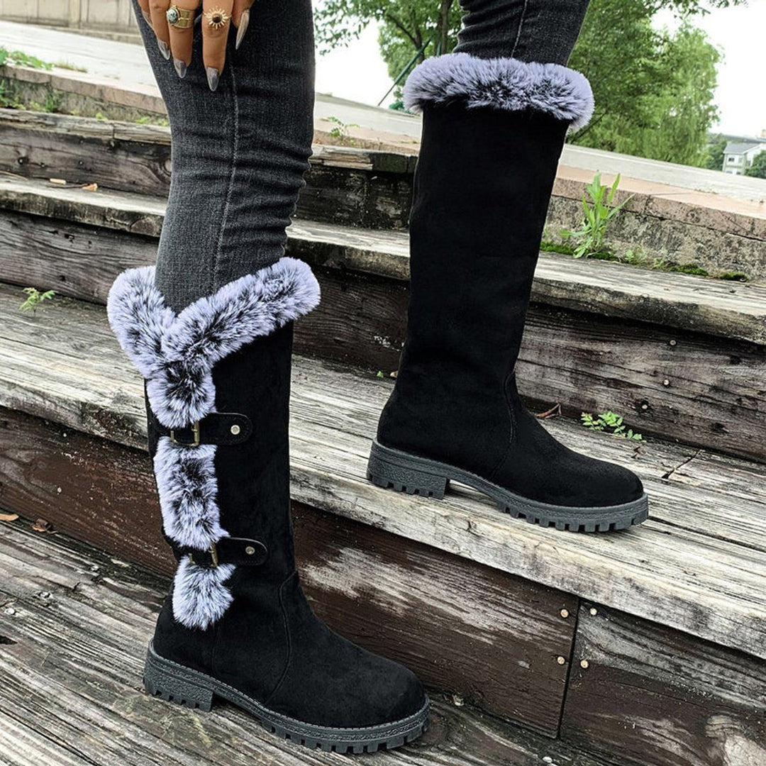Morgance | Women's Faux-Suede Knee High Boots with Fur Trim