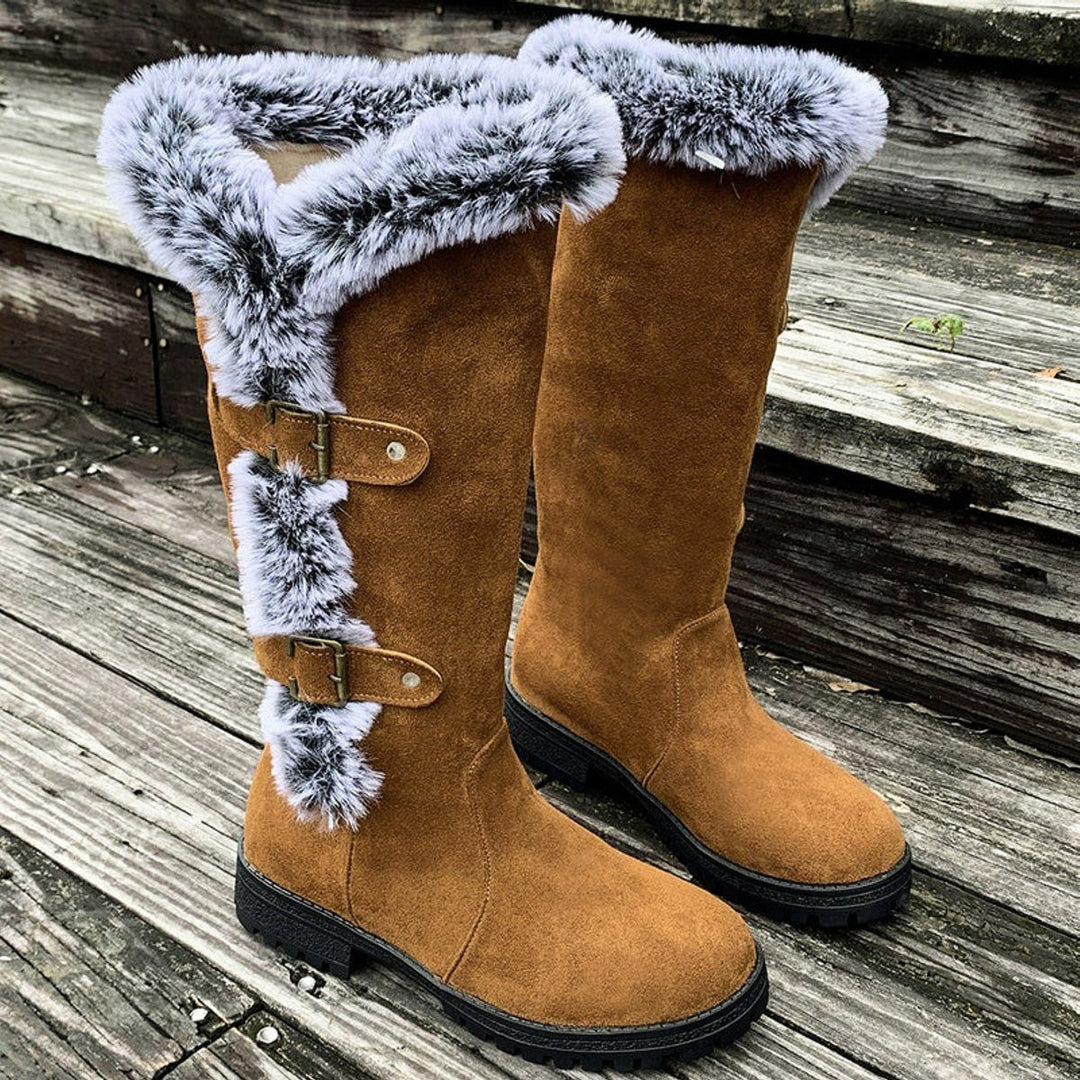 Morgance | Women's Faux-Suede Knee High Boots with Fur Trim