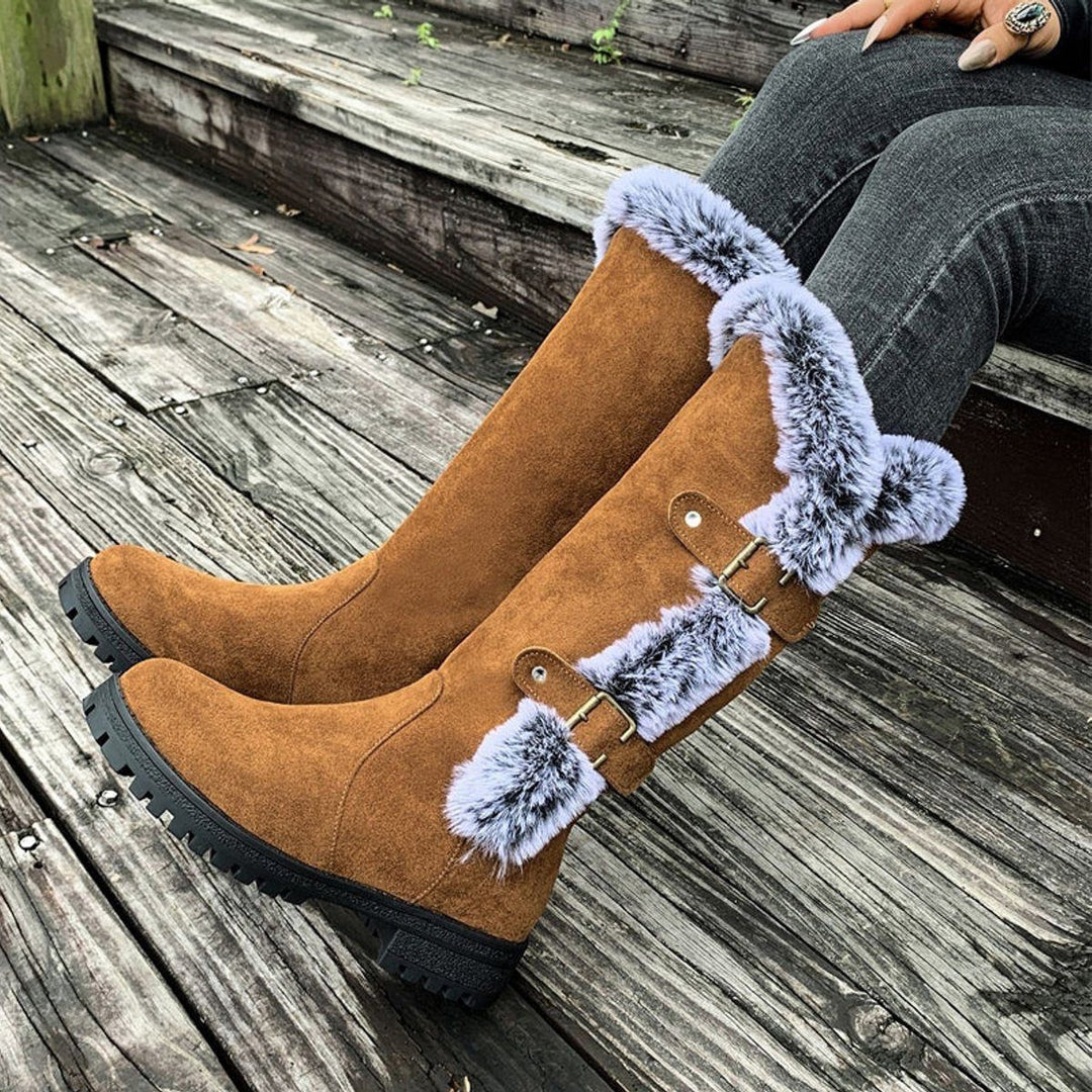 Morgance | Women's Faux-Suede Knee High Boots with Fur Trim