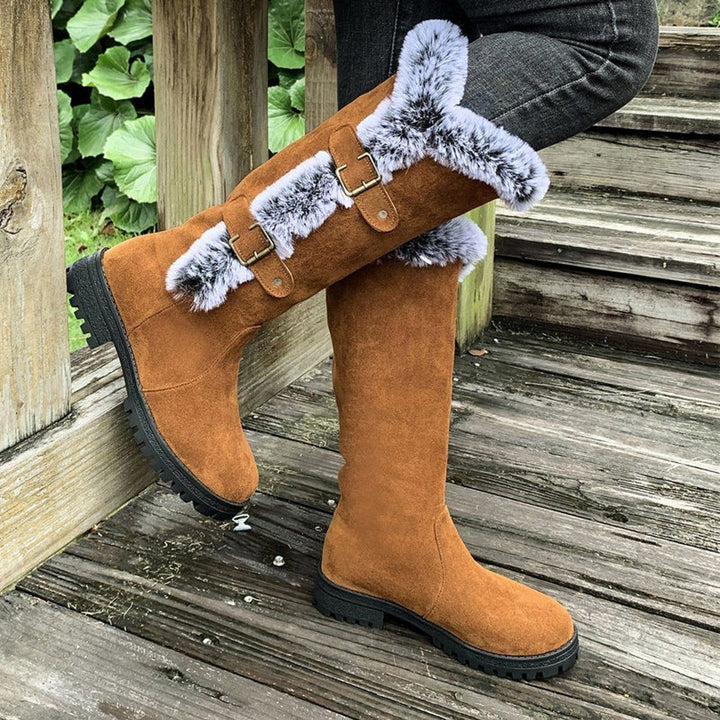 Morgance | Women's Faux-Suede Knee High Boots with Fur Trim