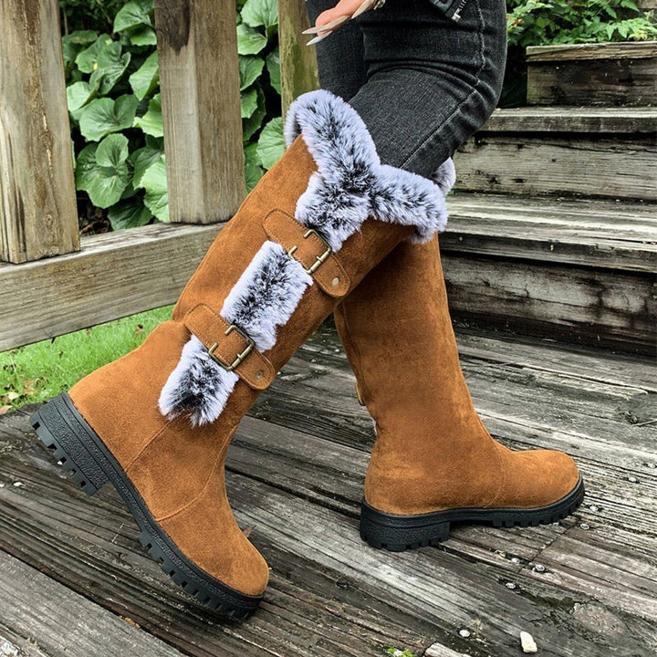 Morgance | Women's Faux-Suede Knee High Boots with Fur Trim