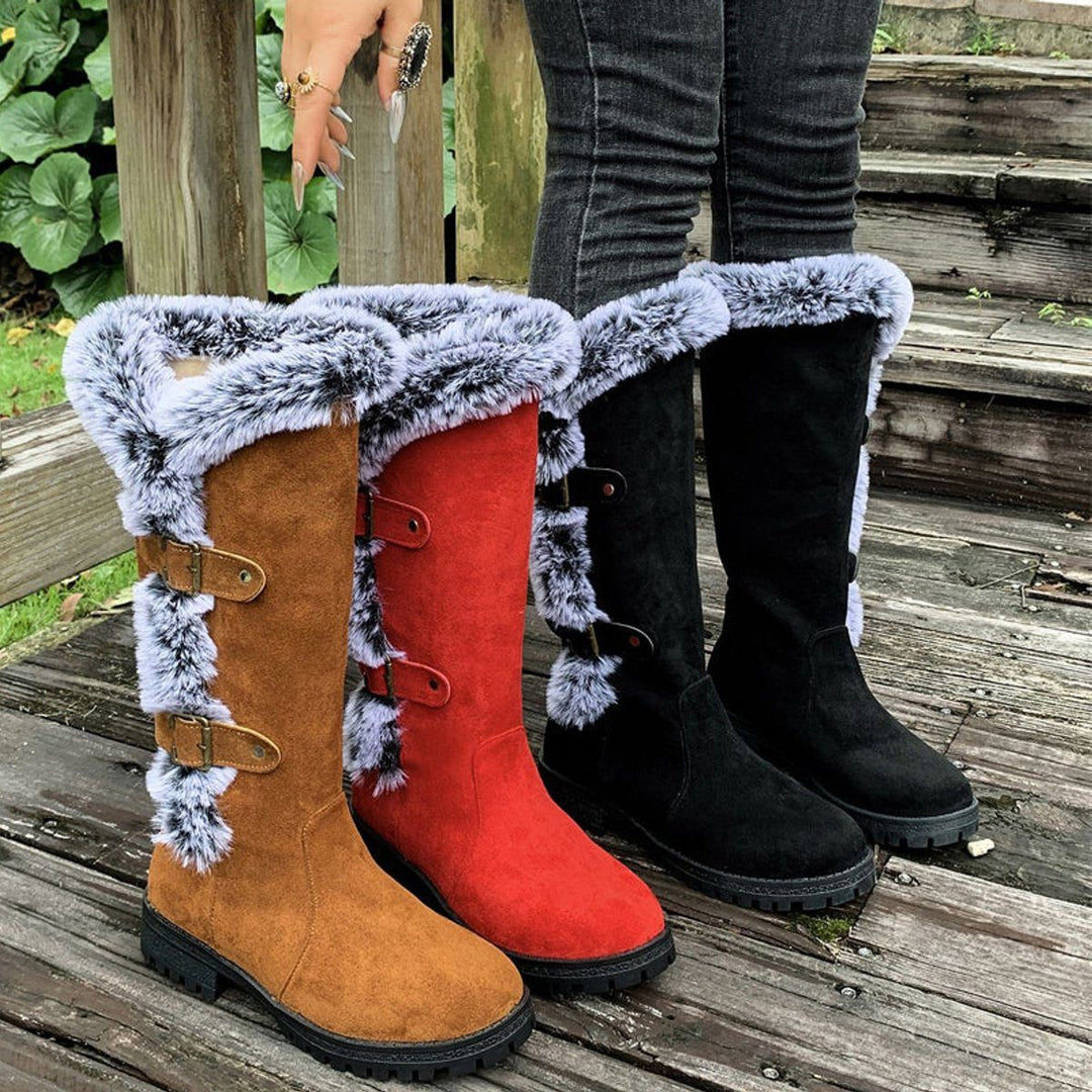 Morgance | Women's Faux-Suede Knee High Boots with Fur Trim